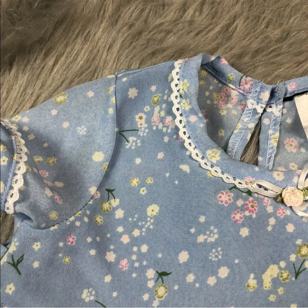 Vintage Toddler Girls Blue Floral Tie Back 90s Dress